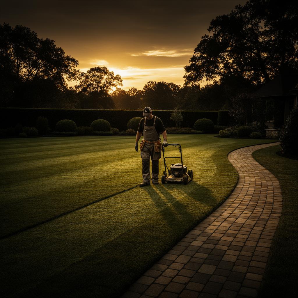 FB Lawncare professional at work on a manicured lawn at golden hour